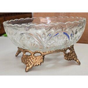 Vintage Grape Leaf Brass Centerpiece Stand with Anchor Hocking Glass Bowl